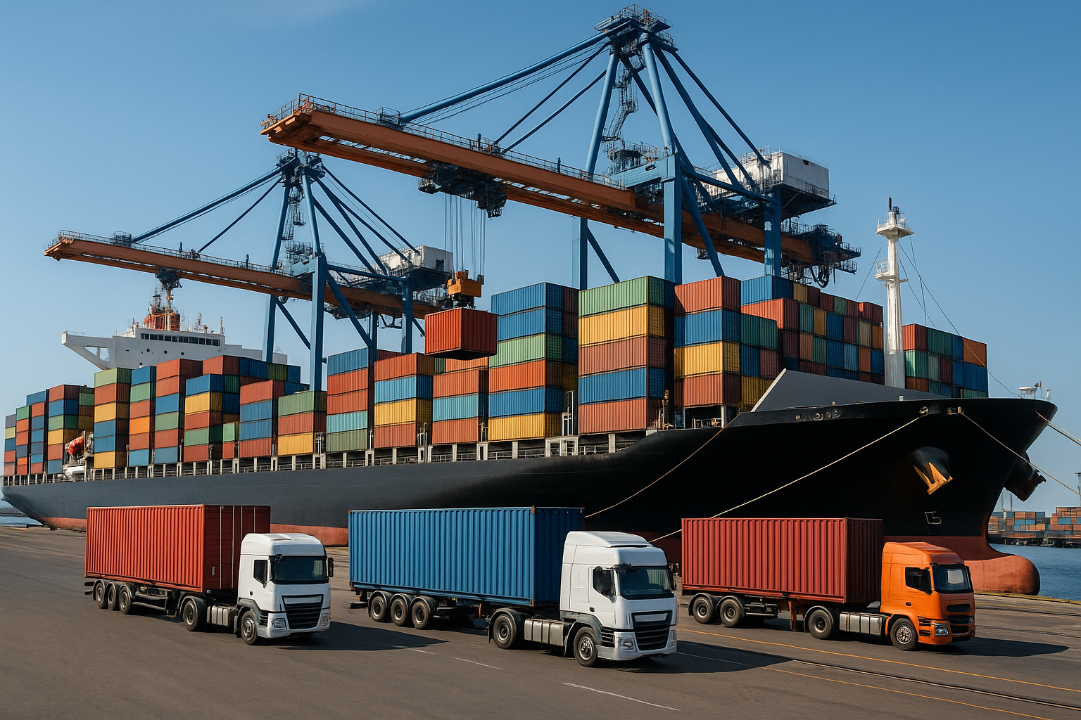 SHIPPING CONTAINERS ON A VESSEL AND TRUCKS